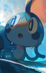 Rule 34 | :o, absurdres, blue eyes, bright pupils, commentary, creatures (company), day, from below, game freak, gen 8 pokemon, gloss (hotglossed), highres, looking back, nintendo, no humans, open mouth, outdoors, pokemon, pokemon (creature), sobble, solo, tongue, water, wet, white pupils