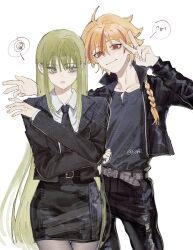 Rule 34 | 1boy, 1other, androgynous, annoyed, belt, black jacket, black necktie, black pants, black skirt, blonde hair, braid, closed mouth, collared shirt, cowboy shot, enkidu (fate), fate/strange fake, fate (series), green eyes, green hair, grey shirt, hand up, highres, jacket, leather, leather jacket, long hair, looking at viewer, multicolored hair, necktie, open clothes, open jacket, pants, parted lips, pencil skirt, red eyes, red hair, richard i (fate), shirt, simple background, skirt, smile, spoken expression, spoken squiggle, squiggle, streaked hair, two-tone hair, v, white background, white shirt, ynrrr