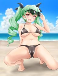 Rule 34 | 1girl, alternate costume, anchovy (girls und panzer), beach, bikini, black bikini, blush, breasts, cameltoe, cleavage, commission, drill hair, e gs310, girls und panzer, green hair, halterneck, highres, large breasts, open mouth, outdoors, red eyes, skeb commission, skindentation, smile, solo, spread legs, swimsuit, twin drills, twintails