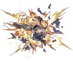 Rule 34 | 10s, 1girl, armor, armored boots, blonde hair, blue eyes, boots, breasts, explosion, full body, gauntlets, granblue fantasy, holding, holding weapon, horns, large breasts, long hair, minaba hideo, official art, open mouth, pauldrons, pleated skirt, pointy ears, razia, shoulder armor, skirt, solo, thighhighs, transparent background, very long hair, weapon, white background