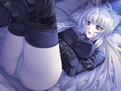 Rule 34 | 1girl, artist request, bdsm, bondage, bound, breasts, cat ears, character request, covered erect nipples, large breasts, legs up, long hair, panties, scared, silver hair, source request, straitjacket, underwear