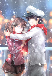 Rule 34 | 1boy, 1girl, admiral (kancolle), black skirt, brown hair, commentary request, cowboy shot, closed eyes, grin, hat, highres, japanese clothes, kantai collection, kariginu, magatama, military, military uniform, naval uniform, peaked cap, railing, red scarf, red shirt, ryuujou (kancolle), scarf, shared clothes, shared scarf, shirt, skirt, smile, snow, standing, tororo ten, twintails, uniform, white headwear