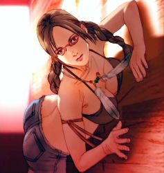 Rule 34 | 1girl, armlet, ass, bikini, bikini top only, braid, breast press, breasts, cleavage, denim, dutch angle, feathers, glasses, jeans, jewelry, julia chang, kawano takuji, large breasts, lips, long hair, namco, necklace, official art, on floor, pants, solo, swimsuit, tekken, tekken 3, tekken 4, tekken 5, tekken 5 (dark resurrection), tekken 6, tekken tag tournament, tekken tag tournament 2, textless version, twin braids