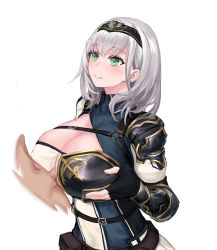 Rule 34 | 1boy, 1girl, armor, armored dress, bad id, bad pixiv id, belt, belt pouch, black gloves, blush, braid, breasts, brown belt, chest guard, cleavage, cleavage cutout, closed mouth, clothing cutout, collared dress, commentary request, covered erect nipples, dress, fingerless gloves, french braid, gloves, green eyes, hetero, highres, hololive, huge breasts, large breasts, looking up, medium hair, mole, mole on breast, paizuri, paizuri under clothes, pauldrons, penis, pouch, shirogane noel, shirogane noel (1st costume), shoulder armor, simple background, single pauldron, solo focus, upper body, virtual youtuber, wavy hair, white background, white hair, yeklsa
