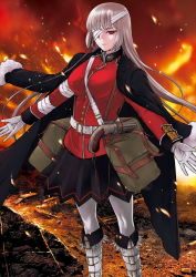 Rule 34 | 1girl, bandage over one eye, bandages, belt, boots, breasts, closed mouth, fate/grand order, fate (series), florence nightingale (fate), gloves, gun, handgun, hime cut, jacket, jacket on shoulders, large breasts, long hair, looking at viewer, military, military uniform, official art, outstretched arms, pantyhose, pistol, pleated skirt, red eyes, skirt, solo, spread arms, standing, takahashi keitarou, uniform, weapon, white gloves, white pantyhose