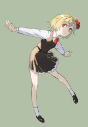 Rule 34 | 1girl, blonde hair, collared shirt, dress, hair ribbon, head tilt, loafers, long sleeves, looking at viewer, outstretched arms, red eyes, ribbon, rumia, shirt, shoes, slit pupils, smile, socks, solo, standing, standing on one leg, touhou, white socks, yamamomo (plank)