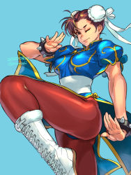 Rule 34 | 1girl, 2020, black eyes, blue background, blue dress, blue panties, boots, breasts, bright pupils, brown hair, bun cover, capcom, china dress, chinese clothes, chun-li, collar, cross-laced footwear, dated, double bun, dress, hair bun, highres, lace-up boots, leg up, mandarin collar, medium breasts, one eye closed, panties, pantyhose, pantyshot, pelvic curtain, puffy short sleeves, puffy sleeves, red pantyhose, short hair, short sleeves, side slit, simple background, solo, spiked collar, spikes, street fighter, twitter username, underwear, white footwear, yuccoshi