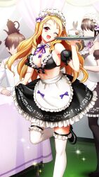 Rule 34 | 1boy, 2girls, ;d, ahoge, apron, black bra, black footwear, black skirt, blonde hair, bra, breasts, classroom, cleavage, cup, detached collar, doukyuusei 2, doukyuusei another world, frilled apron, frilled bra, frilled thighhighs, frills, game cg, hair ribbon, head tilt, holding, holding plate, indoors, large breasts, layered skirt, long hair, looking at viewer, maid cafe, maid headdress, maijima karen, miniskirt, multiple girls, musical staff print, neck ribbon, one eye closed, open mouth, plate, print skirt, purple ribbon, red eyes, ribbon, sideboob, skirt, skirt hold, smile, solo focus, standing, standing on one leg, thighhighs, underwear, very long hair, waist apron, white apron, white thighhighs, wing collar
