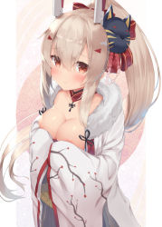Rule 34 | 1girl, alternate breast size, areola slip, ayanami (azur lane), azur lane, blush, bow, breasts, brown eyes, cat mask, cleavage, closed mouth, commentary request, floral print, fujieda uzuki, hair bow, hair ornament, hairclip, highres, japanese clothes, kimono, large breasts, light brown hair, long hair, long sleeves, looking at viewer, mask, mask on head, new year, ponytail, print kimono, red bow, sleeves past fingers, sleeves past wrists, smile, solo, striped, striped bow, upper body, very long hair, white kimono, wide sleeves