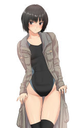 Rule 34 | 1girl, absurdres, amagami, black hair, black one-piece swimsuit, black thighhighs, blue one-piece swimsuit, brown coat, brown eyes, cameltoe, coat, collarbone, commentary, competition swimsuit, cowboy shot, groin, highleg, highleg swimsuit, highres, long coat, looking at viewer, nanasaki ai, no pants, one-piece swimsuit, panties, panty pull, parted lips, pulled by self, raised eyebrows, short hair, simple background, solo, swimsuit, swimsuit under clothes, thigh gap, thighhighs, thumb in beltline, toggles, two-tone swimsuit, underwear, white background, white panties, yoo tenchi