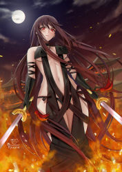 Rule 34 | 1girl, bare shoulders, black dress, breasts, brown hair, center opening, dress, dual wielding, earrings, fate/grand order, fate (series), highres, holding, jewelry, large breasts, long hair, looking at viewer, multiple earrings, navel, revealing clothes, ribbon-trimmed dress, ryuuneart, solo, sword, thighs, very long hair, weapon, yu mei-ren (fate)