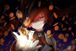 Rule 34 | 1girl, arrow through heart, ascot, bad id, bad pixiv id, bare shoulders, bicorne, blue background, cleavage, coin, dark background, eyepatch, gloves, glowing, gold coin, grin, hat, highres, hololive, houshou marine, pirate, pirate hat, red eyes, red hair, see-through, see-through cleavage, shinakou, smile, solo, twintails, vest, virtual youtuber, white gloves