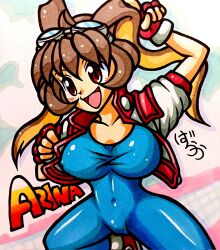 Rule 34 | 1girl, arm up, bodysuit, breasts, brown eyes, brown hair, cleavage, covered navel, curvy, fingerless gloves, gloves, highres, jacket, kneeling, large breasts, legs, looking at viewer, makihara arina, open clothes, open jacket, open mouth, rabbit ears, rabbit girl, red eyes, smile, solo, thighs, traditional media, waku waku 7