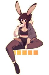Rule 34 | 1girl, animal ears, black pantyhose, boots, breasts, brown footwear, brown hair, cleavage, coat, commentary, crossed legs, emi (fizintine), english commentary, fizintine, fur coat, grey coat, hair ribbon, hand on own face, highres, large breasts, medium hair, original, pantyhose, rabbit ears, ribbon, short shorts, shorts, simple background, sitting, solo, tress ribbon