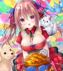 Rule 34 | 1girl, :o, animal, animal request, bird, black ribbon, blue ribbon, blue umbrella, blush, breasts, brown hair, brown umbrella, cleavage, collar, commentary request, detached collar, dog, dress, food, frilled collar, frills, green umbrella, hair between eyes, hair ribbon, holding, holding food, long hair, looking at viewer, medium breasts, mottso, neck ribbon, open mouth, original, oven mitts, pie, pink umbrella, puffy short sleeves, puffy sleeves, red collar, red dress, red eyes, red ribbon, ribbon, short sleeves, solo, twintails, umbrella, very long hair, yellow umbrella