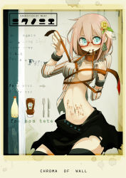 Rule 34 | 1girl, aqua eyes, black thighhighs, body writing, breasts, cleavage, collar, ear tag, english text, fork, freckles, glasses, hair ornament, heinz, highres, ketchup, knife, long hair, looking at viewer, mouth hold, navel, original, pink hair, red-framed eyewear, semi-rimless eyewear, skirt, small breasts, solo, takagi (tansuke), tansuke, thighhighs