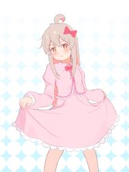 Rule 34 | 1girl, ahoge, annoyed, bare legs, blush, bow, brown eyes, commentary, feet out of frame, frilled shirt collar, frilled skirt, frills, genderswap, genderswap (mtf), grey hair, hair between eyes, hair bow, highres, k-d, long hair, long sleeves, onii-chan wa oshimai!, oyama mahiro, pink shirt, pink skirt, pout, puffy long sleeves, puffy sleeves, red bow, shirt, sidelocks, simple background, skirt, skirt hold, solo, white background
