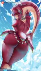 Rule 34 | 1girl, araneesama, ass, blue sky, cloud, colored skin, from behind, from below, highres, lips, looking back, mipha, monster girl, nintendo, parted lips, red skin, shiny skin, sky, solo, standing, the legend of zelda, the legend of zelda: breath of the wild, thighs, water, yellow eyes