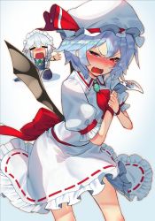 Rule 34 | 2girls, = =, apron, ascot, bat wings, black legwear, blue hair, bow, braid, brooch, commentary request, crying, crying with eyes open, dress, fang, frills, green ascot, green bow, hat, hat ribbon, holding, holding photo, izayoi sakuya, jewelry, maid headdress, mob cap, multiple girls, open mouth, photo (object), puffy short sleeves, puffy sleeves, red ascot, red eyes, red ribbon, remilia scarlet, ribbon, scottie (phantom2), seiza, short hair, short sleeves, sitting, tears, thighhighs, touhou, twin braids, white dress, white hair, wings, wristband