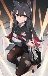 Rule 34 | 1girl, absurdres, animal ear fluff, animal ears, arknights, black footwear, black hair, black pantyhose, black shorts, boots, brown eyes, commentary, earrings, facial scar, hair between eyes, highres, holding, holding sword, holding weapon, jacket, jewelry, long hair, looking at viewer, multicolored hair, on one knee, pantyhose, red hair, scar, scar on cheek, scar on face, shadow, shorts, solo, sword, tail, texas (arknights), thighs, v-shaped eyebrows, weapon, white jacket, wolf ears, wolf tail, xtears kitsune