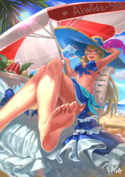 Rule 34 | 1girl, armpits, awilda (p&amp;d), barefoot, beach, beach umbrella, bikini, blonde hair, blue eyes, chair, cup, day, feet, food, fruit, glasses, hat, hat feather, crossed legs, long hair, ocean, outdoors, puzzle &amp; dragons, scotishfold, skirt, sky, smile, soles, solo, swimsuit, toes, umbrella, water, watermelon