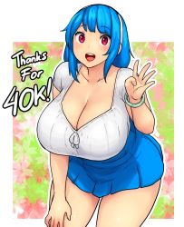 Rule 34 | 1girl, blue hair, blue skirt, blush, bracelet, breasts, cleavage, cowboy shot, erkaz, hairband, hand up, highres, huge breasts, jewelry, long hair, looking at viewer, milestone celebration, open mouth, original, outline, rina atherina, shirt, short sleeves, skirt, smile, solo, white hairband, white outline, white shirt