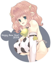 Rule 34 | 00s, 1girl, 2009, animal print, bad id, bad pixiv id, bell, neck bell, bikini, blue eyes, breasts, collar, cow girl, cow print, elbow gloves, gloves, highres, horns, huge breasts, kannagi kaname, long hair, new year, solo, swimsuit