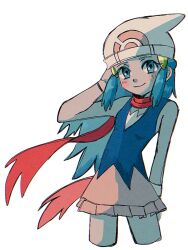 Rule 34 | 1girl, bare shoulders, black dress, blue eyes, blue hair, closed mouth, creatures (company), dawn (pokemon), dress, game freak, hair ornament, hairclip, hat, long hair, looking at viewer, nintendo, pink skirt, pokemon, pokemon dppt, red scarf, scarf, skirt, sleeveless, sleeveless dress, smile, solo, white background, white hat, xr2 uy