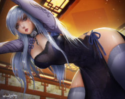 Rule 34 | 1girl, alternate costume, azur lane, belfast (azur lane), belfast (iridescent rosa) (azur lane), belfast (iridescent rosa) (azur lane), bent over, blue dress, blue eyes, blue hair, blush, braid, breasts, ceiling, chain, china dress, chinese clothes, cleavage, collar, dated, dress, from below, highres, indoors, lace, lace-trimmed legwear, lace trim, large breasts, lavender legwear, light particles, light purple hair, lips, long hair, looking at viewer, open mouth, red lips, see-through, shrug (clothing), side-tie dress, side slit, signature, solo, thighhighs, thighs, turewindwalker, windwalker