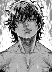 Rule 34 | 1boy, collarbone, commentary request, crosshatching, eyebrows hidden by hair, grappler baki, greyscale, hair over eyes, hanma baki, hatching (texture), kimidake, male focus, mole, mole above mouth, monochrome, pectorals, smile, solo, topless male