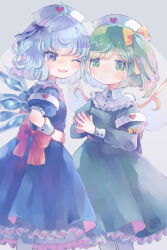 Rule 34 | 2girls, ascot, blue bow, blue dress, blue eyes, blue hair, bow, cirno, daiyousei, detached wings, dress, fairy, fairy wings, green dress, green eyes, green hair, hair bow, hat, heart, hiyuu (hiyualice), ice, ice wings, multiple girls, nurse cap, pinafore dress, side ponytail, sleeveless, sleeveless dress, touhou, wings, yellow ascot, yellow bow