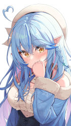 Rule 34 | 1girl, ahoge, blouse, blue hair, blue jacket, blush, braid, breasts, corset, covering own mouth, elf, eyes visible through hair, frilled shirt, frills, fur-trimmed jacket, fur trim, hair between eyes, hat, heart, heart ahoge, highres, hololive, jacket, large breasts, long hair, long sleeves, looking at viewer, open clothes, open jacket, pointy ears, shirt, simple background, snowflakes, solo, suicabar72, virtual youtuber, white background, white hat, white shirt, yukihana lamy