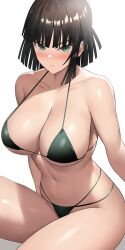 Rule 34 | 1girl, absurdres, bikini, black hair, blush, breasts, cleavage, fubuki (one-punch man), green bikini, green eyes, highres, jasony, large breasts, looking at viewer, medium hair, navel, one-punch man, parted lips, sideboob, simple background, sitting, solo, swimsuit, thighs, underboob, white background