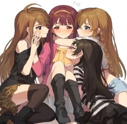 Rule 34 | 4girls, absurdres, arms around neck, black footwear, black hair, blunt bangs, blush, boots, braid, brown hair, embarrassed, flying sweatdrops, full-face blush, hairband, hand on another&#039;s hand, hand on another&#039;s knee, hano9789, harem, highres, hug, idolmaster, idolmaster million live!, idolmaster million live! theater days, kitazawa shiho, kousaka umi, long hair, looking at another, looking away, multiple girls, profile, red eyes, shirt, simple background, sitting, straight hair, striped clothes, striped shirt, tanaka kotoha, thighhighs, tokoro megumi, very long hair, yuri, zettai ryouiki