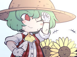 Rule 34 | 1girl, buttons, chahan (fried rice0614), closed mouth, flower, gloves, green hair, hair between eyes, hat, kazami yuuka, one-hour drawing challenge, one eye closed, red eyes, red vest, shirt, short hair, short sleeves, smile, solo, sunflower, touhou, upper body, vest, white gloves, white shirt, yellow flower