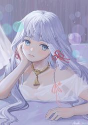 Rule 34 | 1girl, :3, absurdres, ayaka (genshin impact), bare shoulders, bed sheet, blue eyes, blunt bangs, blurry, bokeh, breasts, camisole, cleavage, closed mouth, curtains, depth of field, flower, genshin impact, grey hair, hair down, hair over shoulder, hair ribbon, hand on own cheek, hand on own face, hand up, head rest, highres, light particles, light smile, long hair, looking at viewer, lying, maki (user dfmu5487), mole, mole under eye, neck ribbon, neck tattoo, nightgown, off shoulder, on bed, on stomach, pink flower, ribbon, see-through, short sleeves, sidelocks, sleepwear, small breasts, solo, spaghetti strap, tassel, tattoo, tress ribbon, upper body