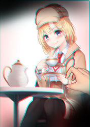 Rule 34 | 1girl, absurdres, blonde hair, blue eyes, chromatic aberration, hat, highres, hololive, hololive english, looking at viewer, necktie, red neckwear, shirt, simple background, skirt, smile, thick thighs, thighhighs, thighs, virtual youtuber, watson amelia, watson amelia (1st costume), white shirt, yatsucchie