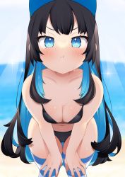 Rule 34 | 1girl, :t, bare arms, bare shoulders, bikini, black bikini, black hair, blue eyes, blue hair, breasts, cleavage, closed mouth, collarbone, commentary request, highres, leaning forward, looking at viewer, medium breasts, msp sammy, multicolored hair, navel, original, pout, solo, standing, striped clothes, striped thighhighs, swimsuit, thighhighs, two-tone hair, v-shaped eyebrows, water, wet