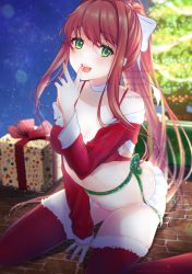 Rule 34 | absurdres, blazer, breasts, brown hair, christmas, christmas tree, doki doki literature club, gift, green eyes, highres, jacket, lingerie, long hair, mi tarou0412, monika (doki doki literature club), open mouth, ponytail, red thighhighs, smile, solo, thighhighs, thighs, underwear