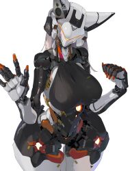 Rule 34 | 1girl, absurdres, animal ears, breasts, commentary request, cowboy shot, head tilt, highres, huge breasts, humanoid robot, long hair, looking at viewer, open hand, orange eyes, original, paid reward available, robot, simple background, solo, thick thighs, thighs, white background, wide hips, yellow eyes, yunimaru