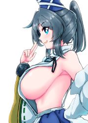 Rule 34 | 1girl, absurdres, alternate breast size, blue eyes, blue hat, blush, breasts, clothing cutout, from side, grey hair, gurajio, hand up, hat, highres, huge breasts, japanese clothes, large breasts, long sleeves, looking at viewer, midriff, mononobe no futo, pom pom (clothes), ponytail, side cutout, sideboob, sidelocks, simple background, smile, solo, tate eboshi, touhou, upper body, white background