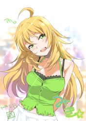 Rule 34 | 1girl, ahoge, arms behind back, artist name, blonde hair, blush, character name, dated, green eyes, highres, hoshii miki, idolmaster, idolmaster (classic), inoue sora, long hair, looking at viewer, one eye closed, open mouth, smile, solo, translated, wink