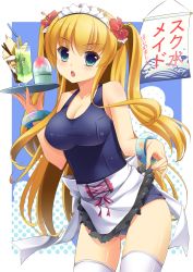Rule 34 | &gt;:o, 1girl, :o, apron, bangle, banner, blonde hair, blue eyes, blush, bracelet, breasts, cleavage, cup, flower, food, hair flower, hair ornament, hibiscus, jewelry, juice, long hair, maid headdress, onaka sukisuki, one-piece swimsuit, open mouth, original, polka dot, school swimsuit, shaved ice, solo, swimsuit, thighhighs, tray, twintails, v-shaped eyebrows, waist apron, waitress, white thighhighs