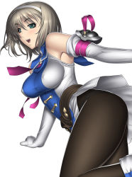 Rule 34 | 1girl, aqua eyes, armor, armored dress, bare shoulders, blonde hair, bob cut, breasts, cassandra alexandra, covered erect nipples, elbow gloves, gloves, hairband, jumping, kansuke, large breasts, namco, necktie, open mouth, pantyhose, pink necktie, shoulder pads, solo, soul calibur, soulcalibur, soulcalibur ii, thighs, white background