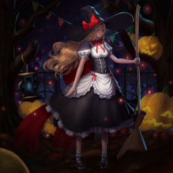 Rule 34 | 1girl, adapted costume, alternate hair length, alternate hairstyle, apron, backlighting, bad id, bad pixiv id, black footwear, black skirt, black vest, bobby socks, bow, braid, breasts, broom, dark, detached collar, fence, forest, frilled apron, frilled skirt, frills, full body, grass, hat, hat bow, highres, holding, holding broom, jack-o&#039;-lantern, kirisame marisa, lantern, light particles, lips, long hair, looking at viewer, magic circle, medium breasts, moonlight, nature, night, outdoors, plant, puffy short sleeves, puffy sleeves, ribbon, shirt, shoes, short sleeves, single braid, skirt, socks, solo, thorns, touhou, tree, underbust, very long hair, vest, vines, waist apron, white shirt, white socks, wilnus, witch hat, yellow eyes