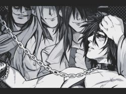 Rule 34 | black hair, chain, collar, dirge of cerberus final fantasy vii, final fantasy, final fantasy vii, glasses, greyscale, highres, hojo tokiyuki (ff), inferno (liketheinferno), lab coat, long hair, lucrecia crescent, monochrome, red eyes, scar, sephiroth, short hair, square enix, topless male, vincent valentine
