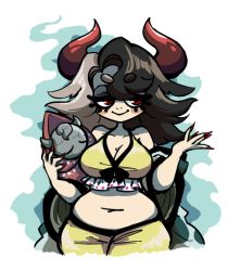 Rule 34 | 1girl, animal ears, animal print, bare shoulders, belly, black hair, breasts, cleavage, cow ears, cow horns, cow print, fingernails, grey hair, haori, holding, horns, japanese clothes, large breasts, looking to the side, midriff, multicolored hair, nail polish, navel, peachems (gemu), red eyes, red nails, sharp fingernails, short hair, simple background, smile, solo, split-color hair, statue, touhou, two-tone hair, ushizaki urumi, wide sleeves, wily beast and weakest creature