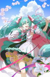 Rule 34 | 1girl, aqua eyes, aqua hair, aqua ribbon, black dress, blurry, blurry foreground, cloud, cloudy sky, collar, detached sleeves, dress, feet out of frame, flower, frilled collar, frills, hair between eyes, hair flower, hair ornament, hatsune miku, highres, long hair, looking at viewer, neck ribbon, open mouth, outdoors, pink ribbon, ribbon, rose, sky, smile, solo, teeth, twintails, two-tone dress, upper teeth only, vocaloid, white dress, white flower, white sleeves, wide sleeves, xiaojiaju
