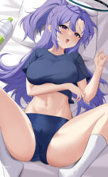 Rule 34 | 1girl, absurdres, ass, bed sheet, black buruma, black shirt, blue archive, blush, bottle, breasts, buruma, hair between eyes, halo, highres, large breasts, long hair, looking at viewer, mechanical halo, nacho (nacho 1103), navel, official alternate costume, open mouth, ponytail, purple eyes, purple hair, shirt, short sleeves, socks, solo, tongue, tongue out, water bottle, white socks, yuuka (blue archive), yuuka (track) (blue archive)