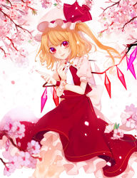 Rule 34 | 1girl, absurdres, bad id, bad pixiv id, blonde hair, cherry blossoms, cowboy shot, daimaou ruaeru, dress, flandre scarlet, hat, hat ribbon, highres, long hair, looking at viewer, mob cap, petals, puffy short sleeves, puffy sleeves, red dress, red eyes, ribbon, sash, shirt, short sleeves, side ponytail, smile, solo, thighs, touhou, underwear, wings, wrist cuffs